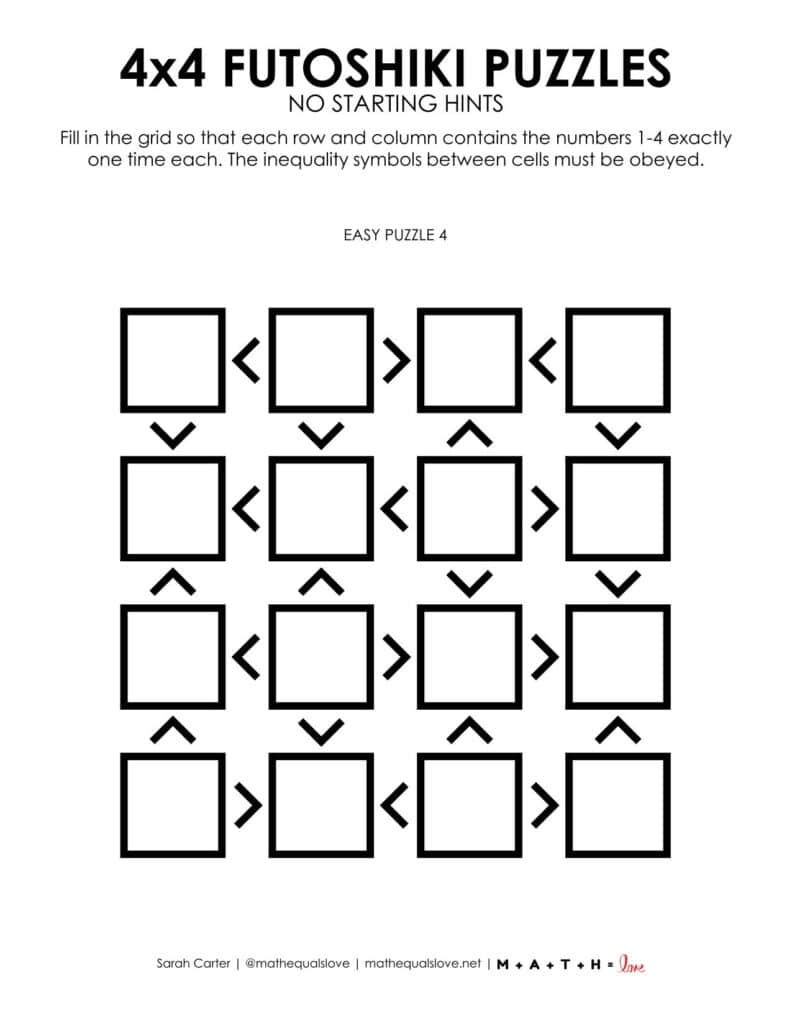 4x4 Futoshiki Puzzle Printable PDF. 