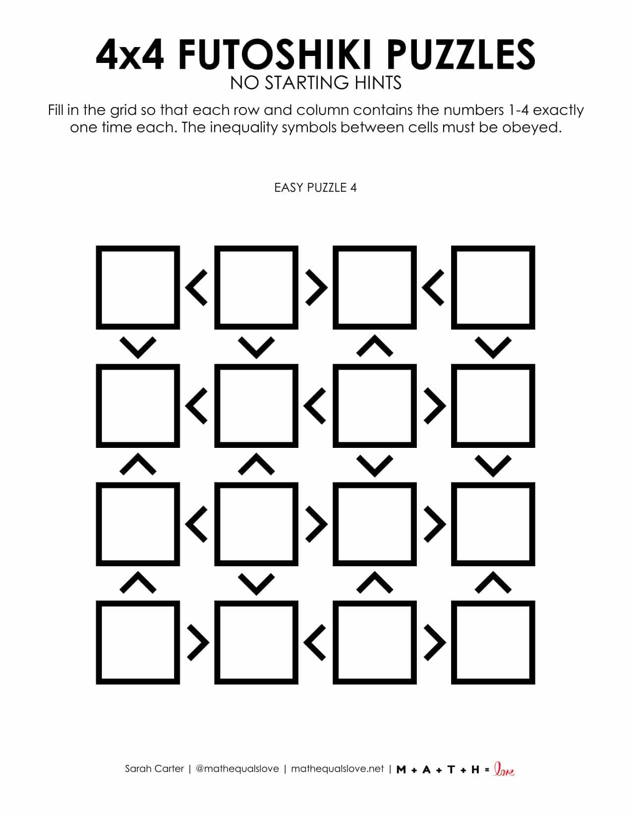 Futoshiki 4x4 Puzzles (Free Printable PDFs)
