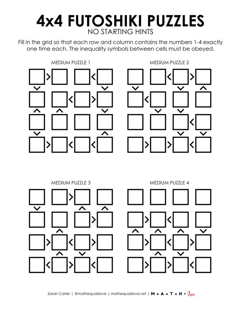 futoshiki 4x4 puzzle printable without starting hints. 