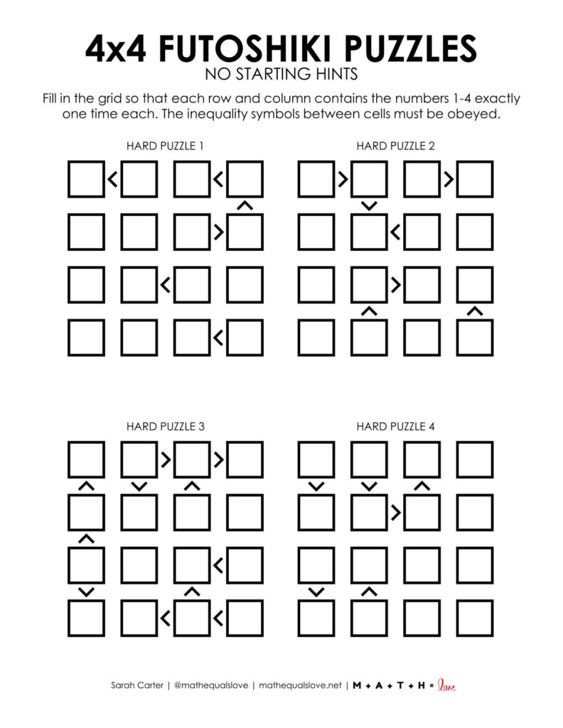 futoshiki printable puzzles with 4 to a page. 