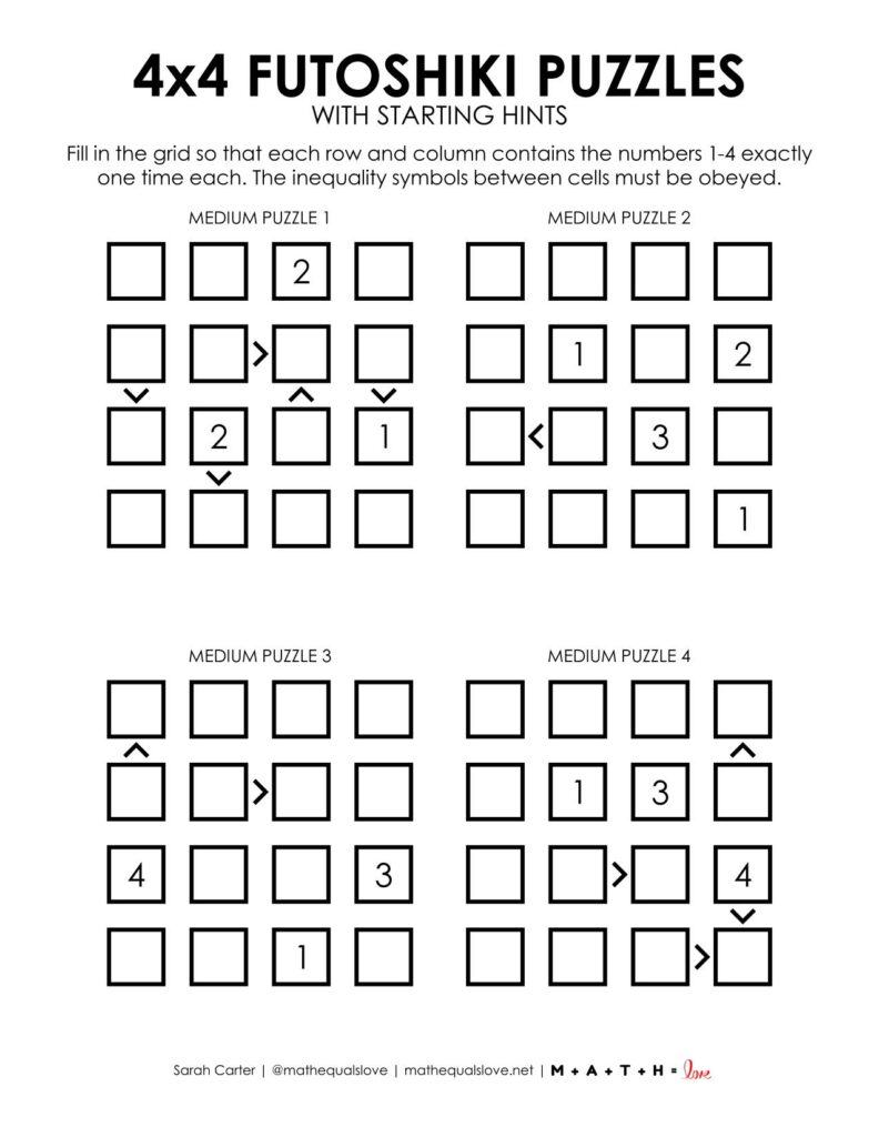 futoshiki 4x4 puzzle printable with starting hints. 