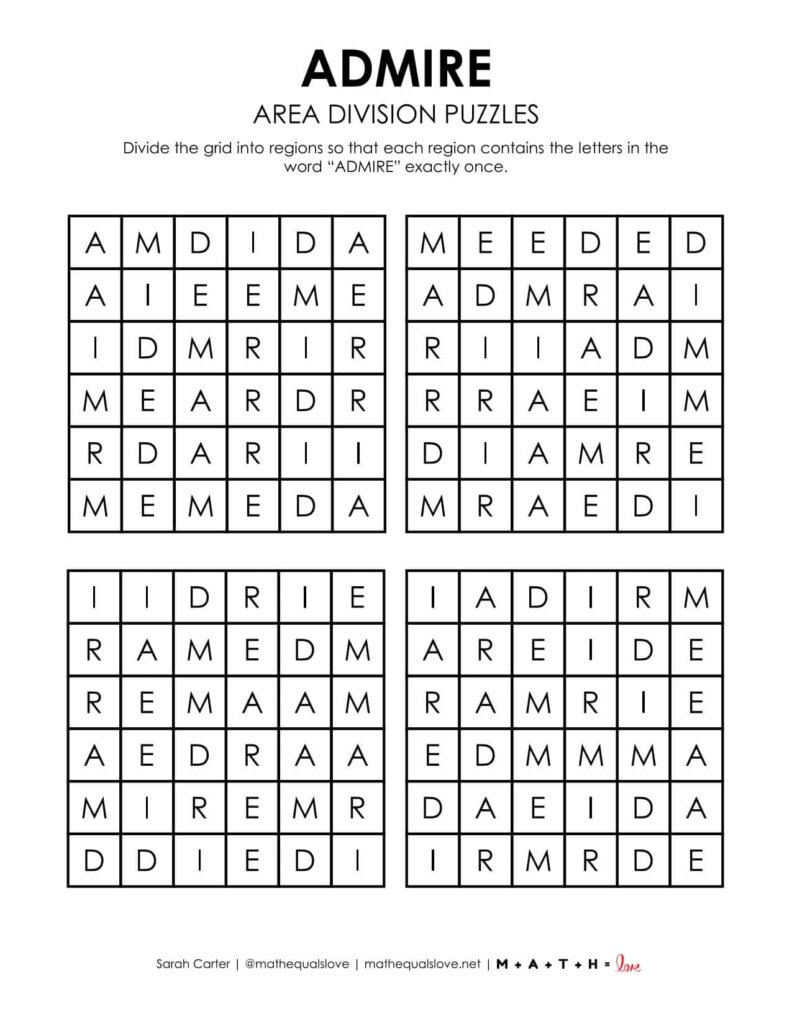admire area division logic puzzle for valentines day.