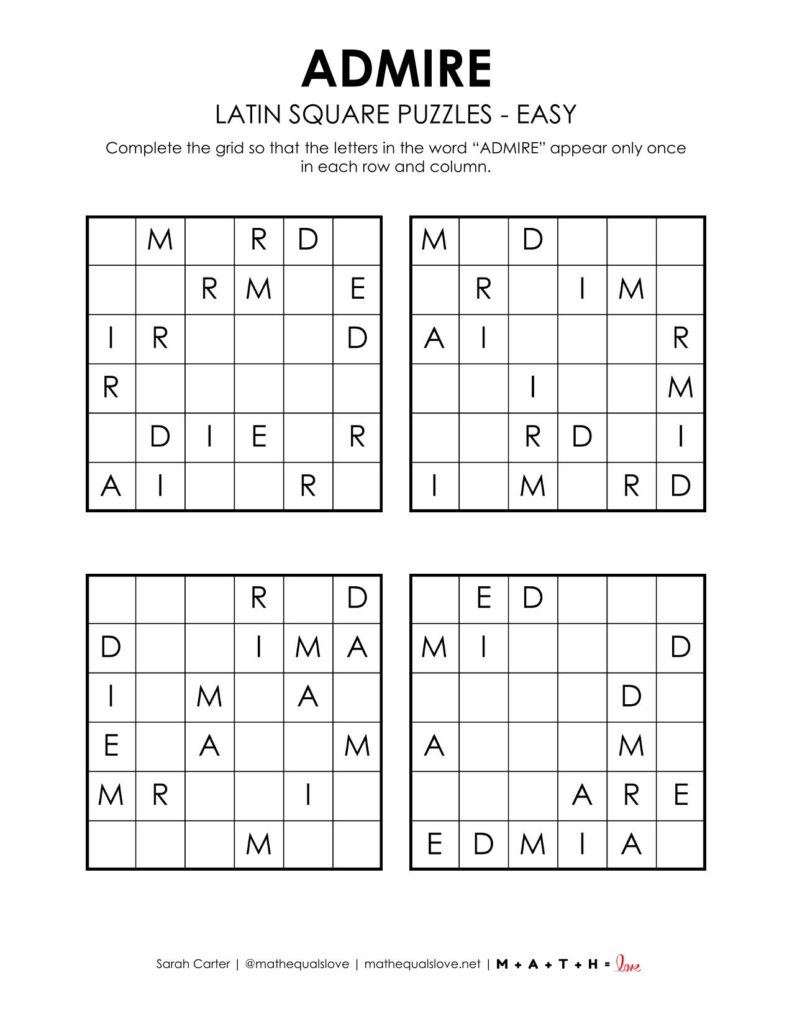 admire latin square puzzle for valentine's day level easy.