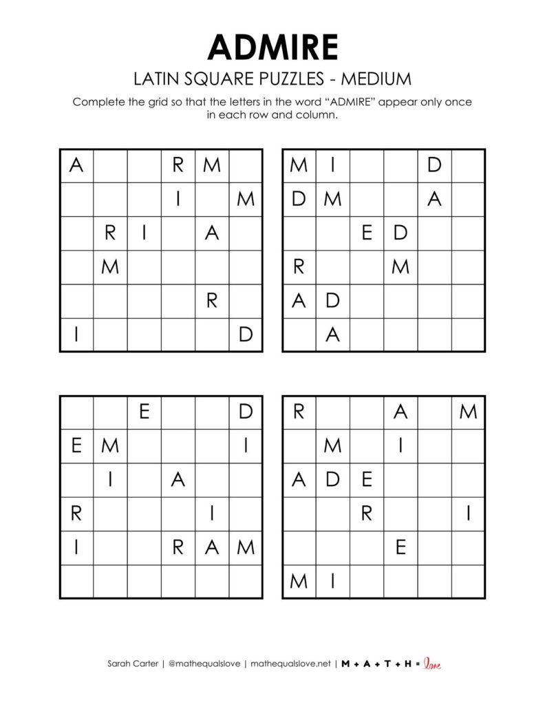 admire latin square logic puzzle for valentine's day level medium.