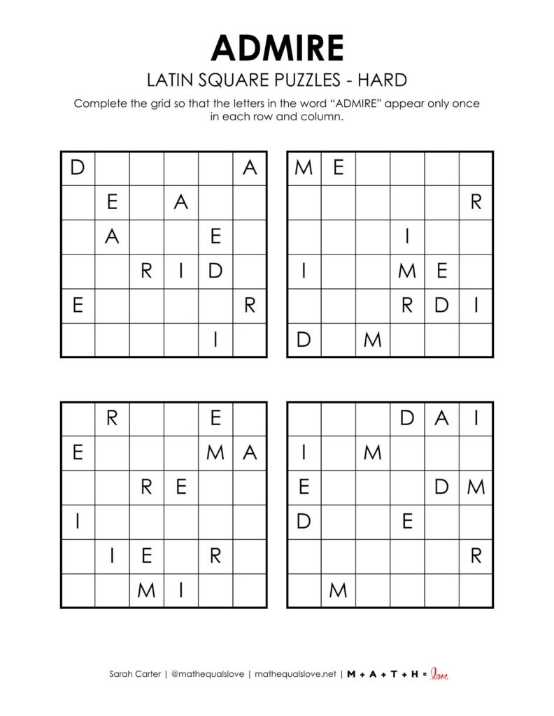 admire latin square logic puzzle for valentine's day level hard.