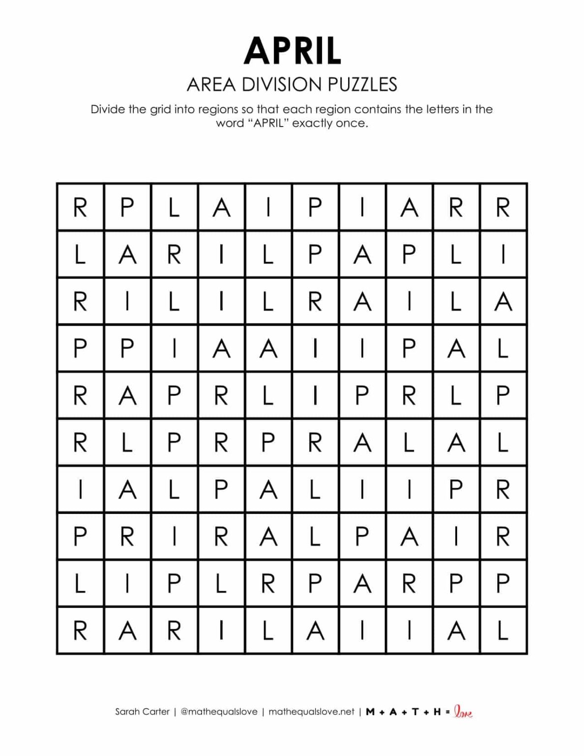 April Area Division Logic Puzzles | Math = Love