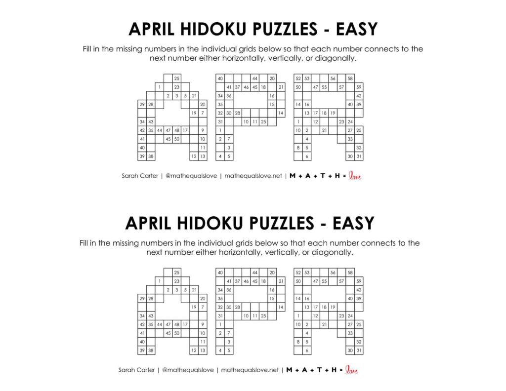 April Hidoku Logic Puzzle Level Easy.