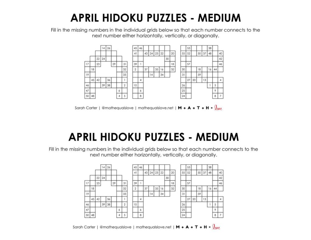 april hidoku logic puzzle level medium.