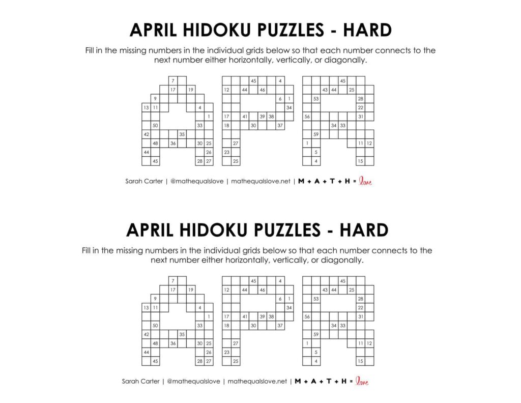 april hidoku logic puzzle level hard.