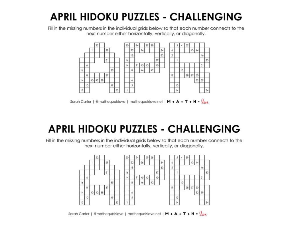 april hidoku logic puzzle level challenging.