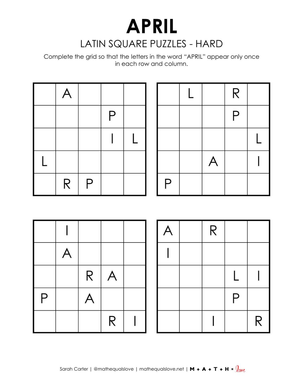 April Latin Square Puzzles | Math = Love