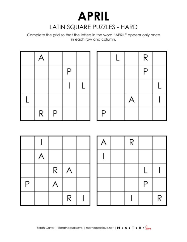 april latin square puzzles - hard.