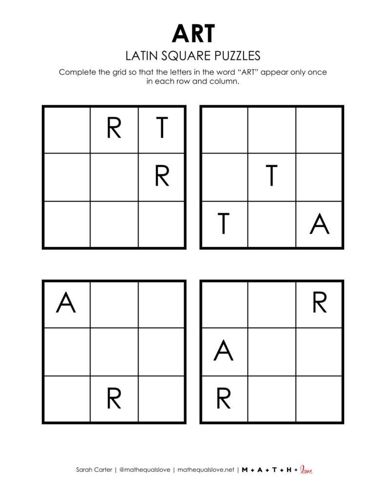 art latin square puzzle for first day of art class .