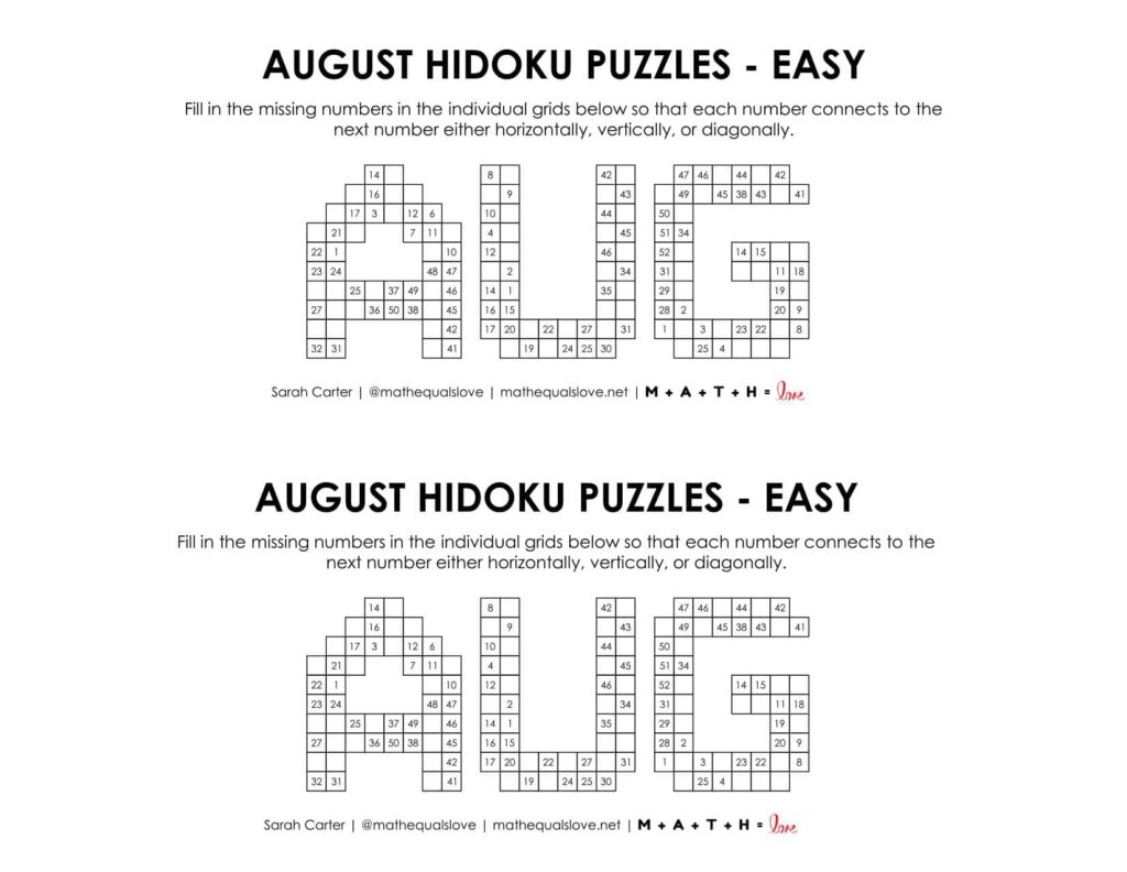 August Hidoku Logic Puzzle Level Easy. 