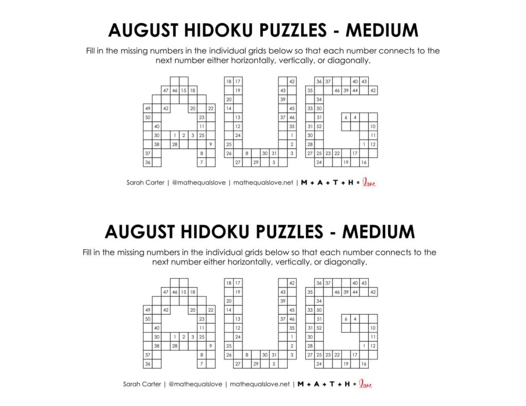 August Hidoku Logic Puzzle Level Medium. 