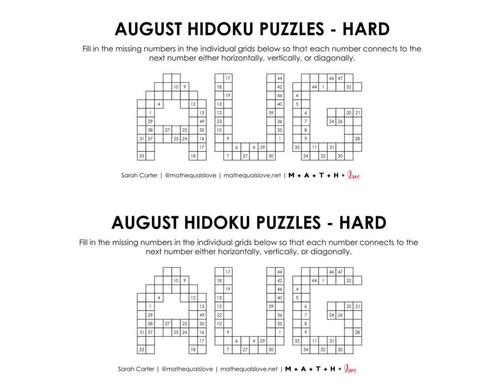August Hidoku Logic Puzzle Level Hard. 