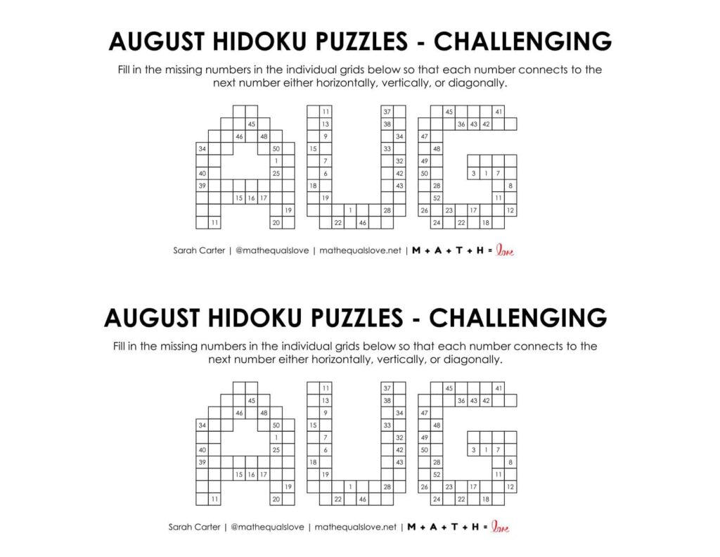 August Hidoku Logic Puzzle Level Challenging. 