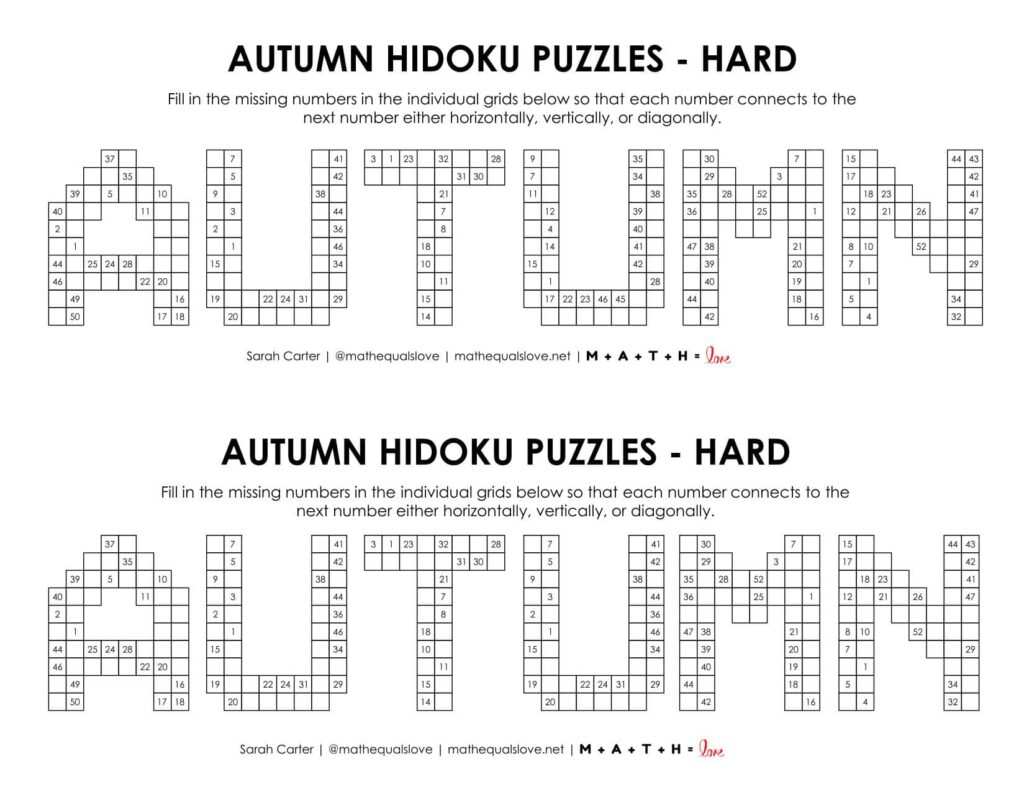 autumn hidoku logic puzzle level hard. 