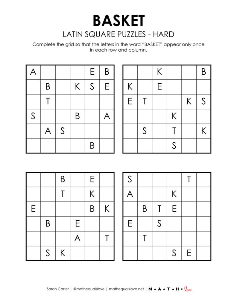 easter basket latin square puzzles level hard.