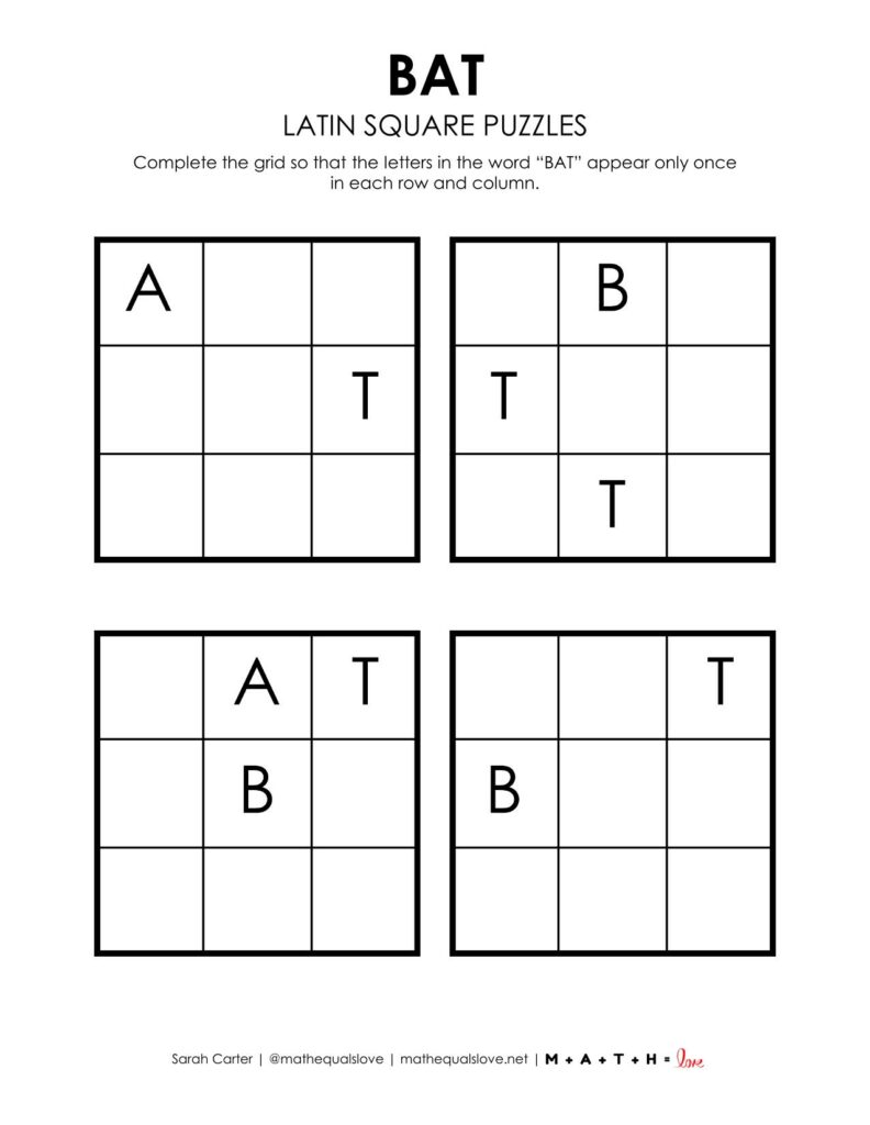 bat halloween logic puzzle with latin squares. 