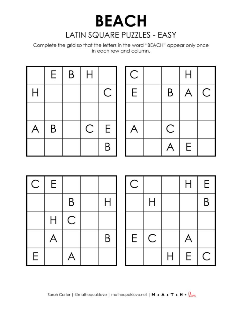 beach latin square puzzle level easy.