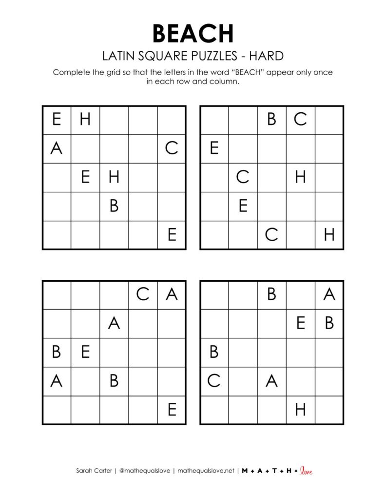 beach latin square logic puzzle level hard.