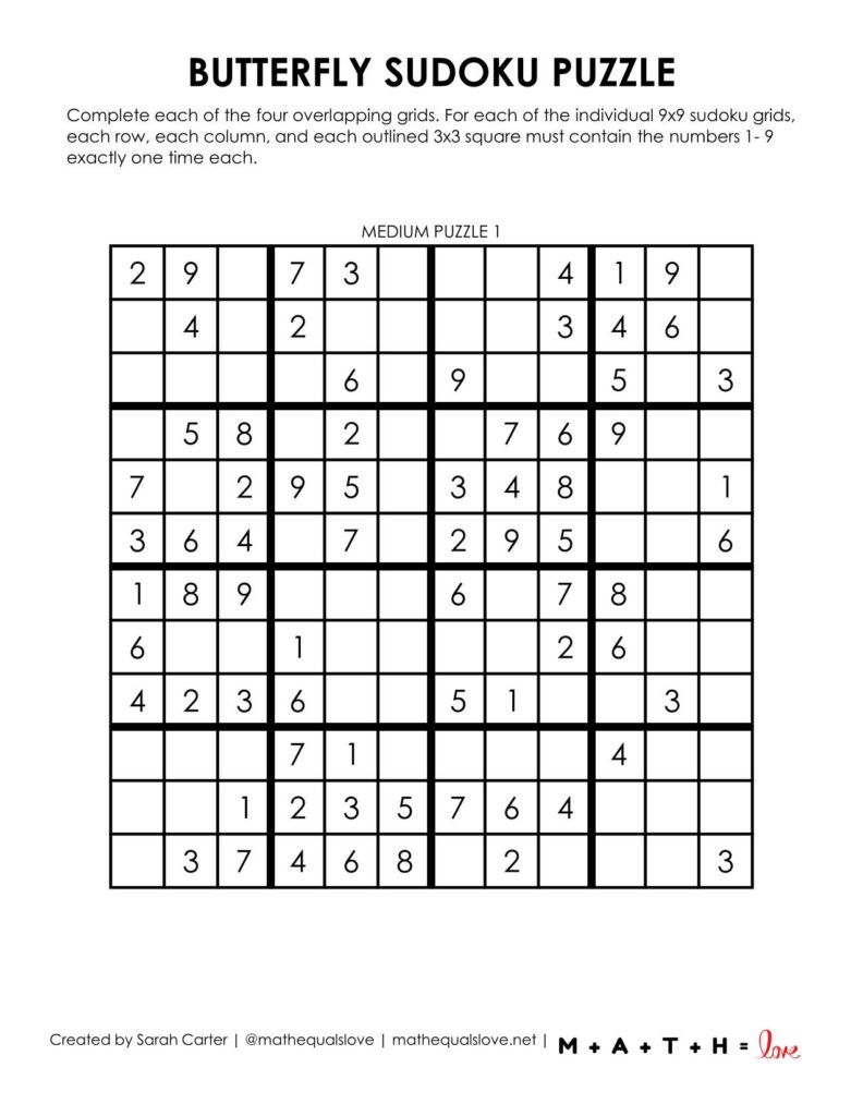 butterfly sudoku printable puzzle level medium. 