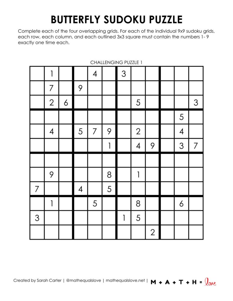 butterfly sudoku logic puzzle printable level challenging. 