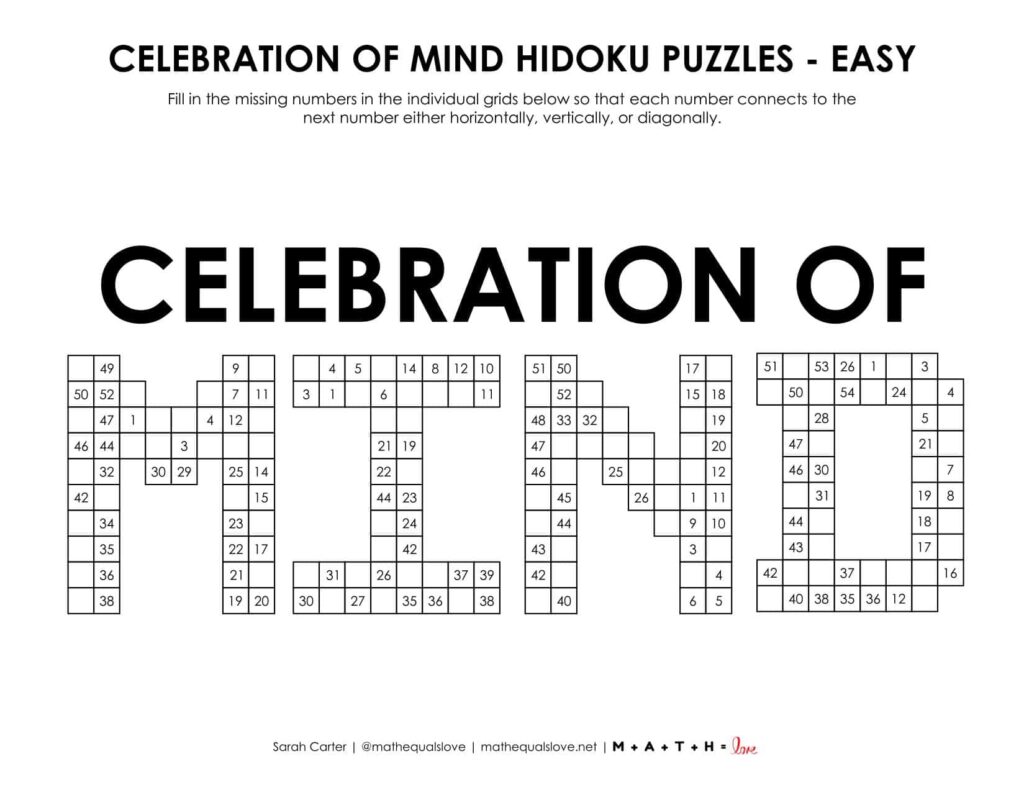 celebration of mind hidoku logic puzzle level easy. 