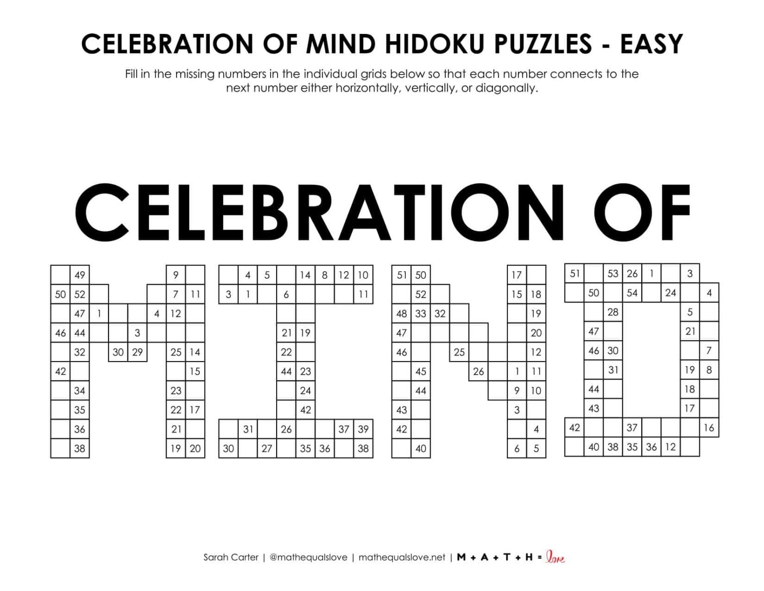 Celebration of Mind Hidoku Puzzle | Math = Love