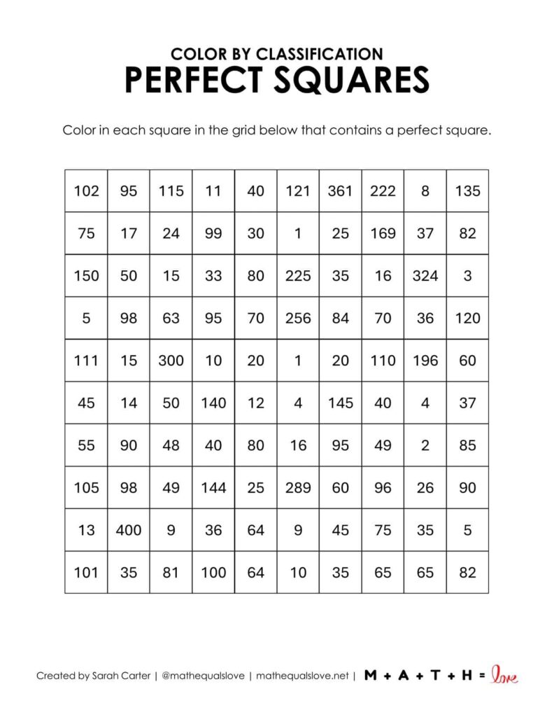 perfect squares worksheet free printable pdf mystery picture. 