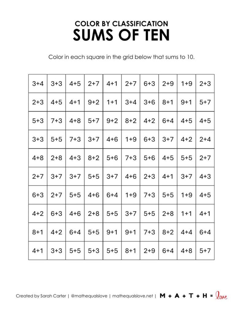 sums of 10 mystery picture worksheet. 