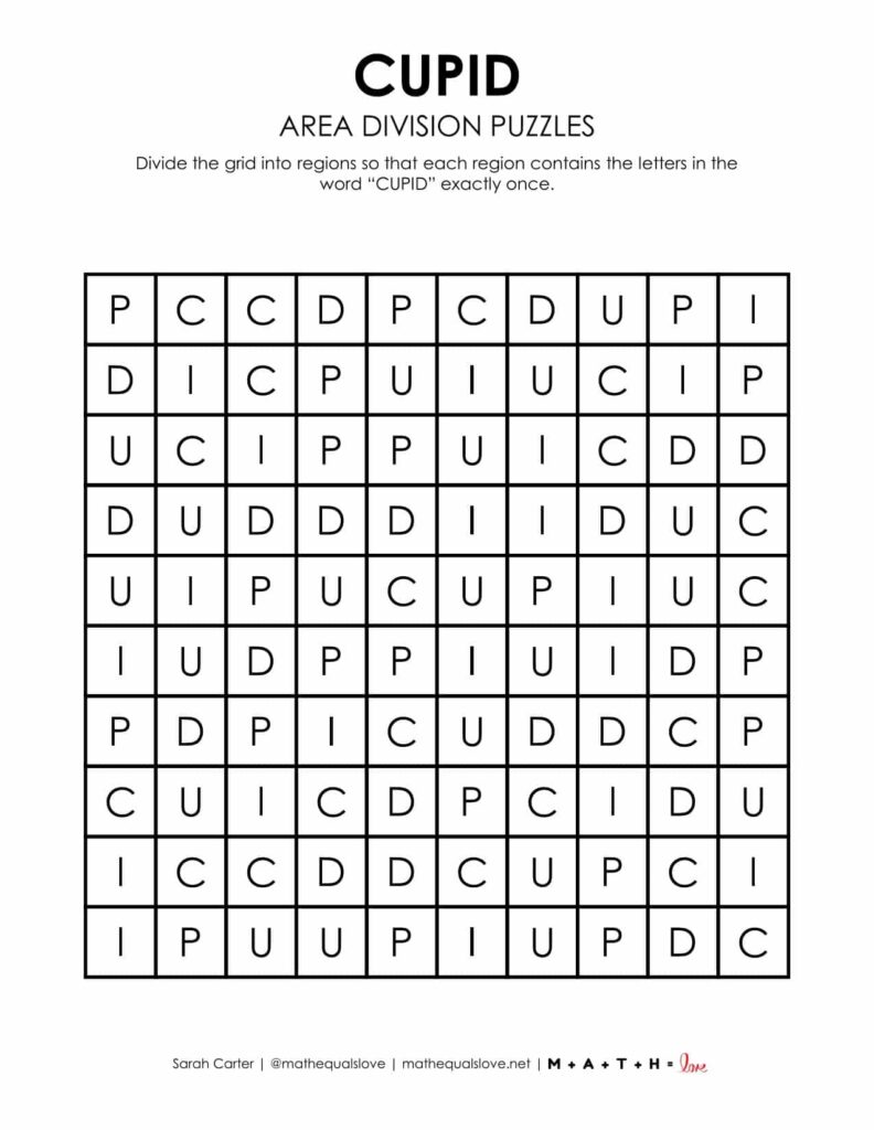 cupid area division logic puzzle for valentine's day.