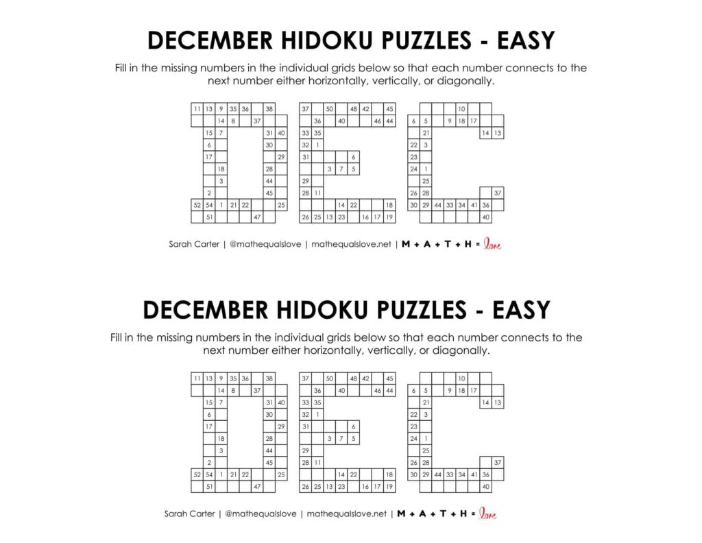 December Hidoku Logic Puzzle Level Easy. 