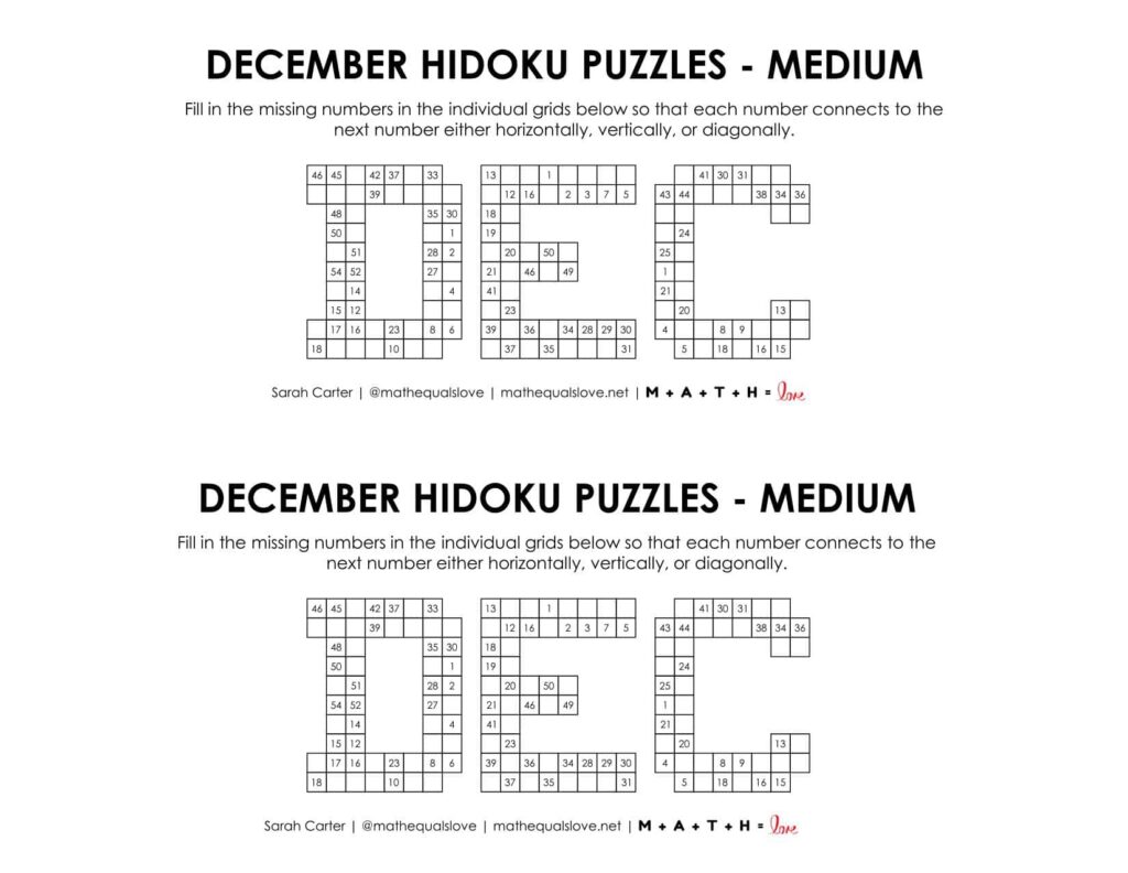 December hidoku logic puzzle level medium. 