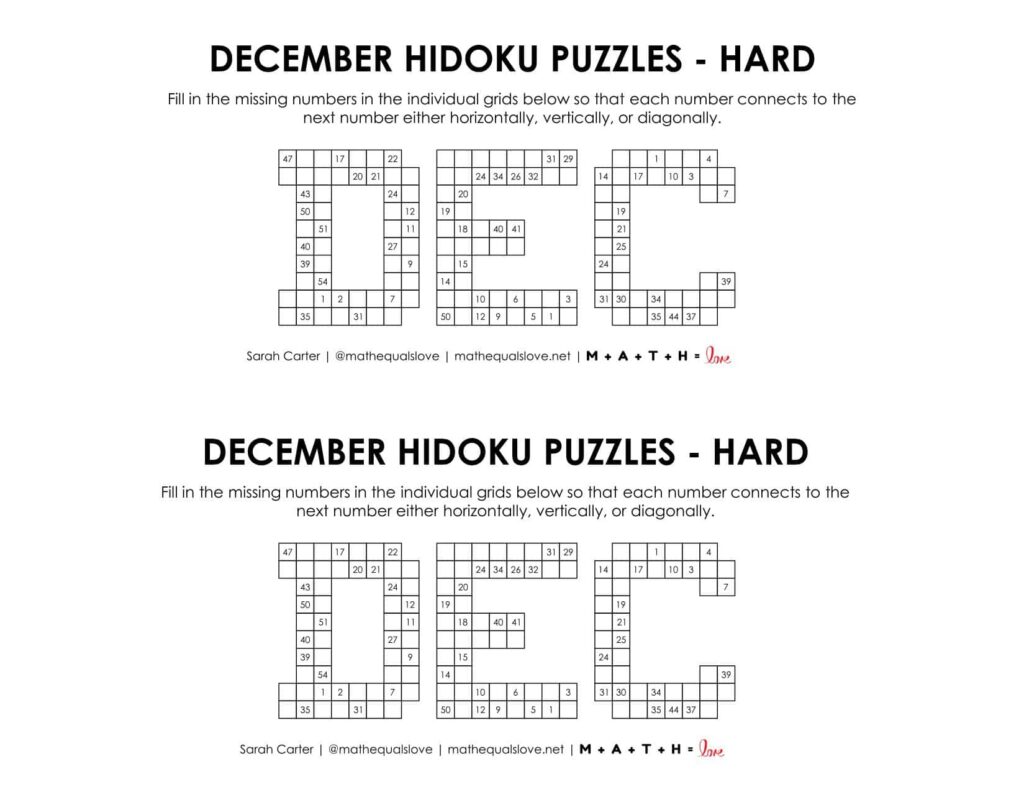 december hidoku logic puzzle level hard. 