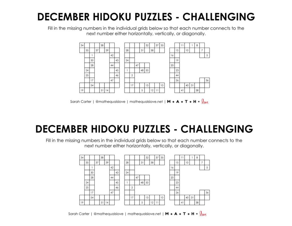 december hidoku logic puzzle level challenging. 