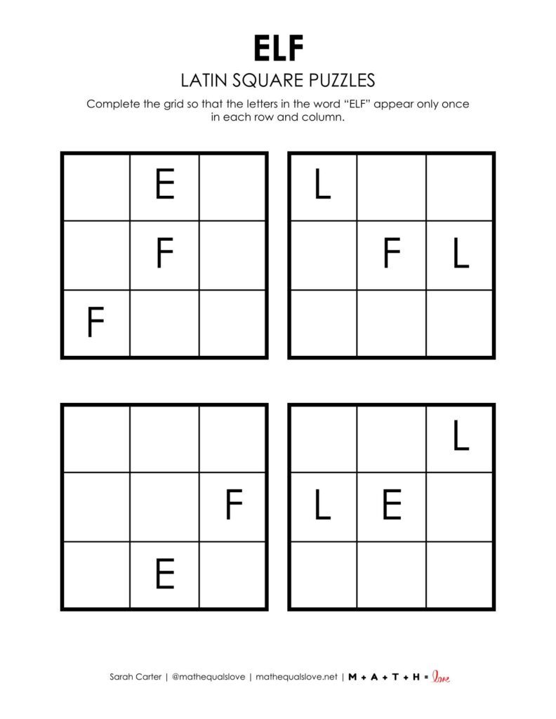 elf latin square logic puzzles for christmas.