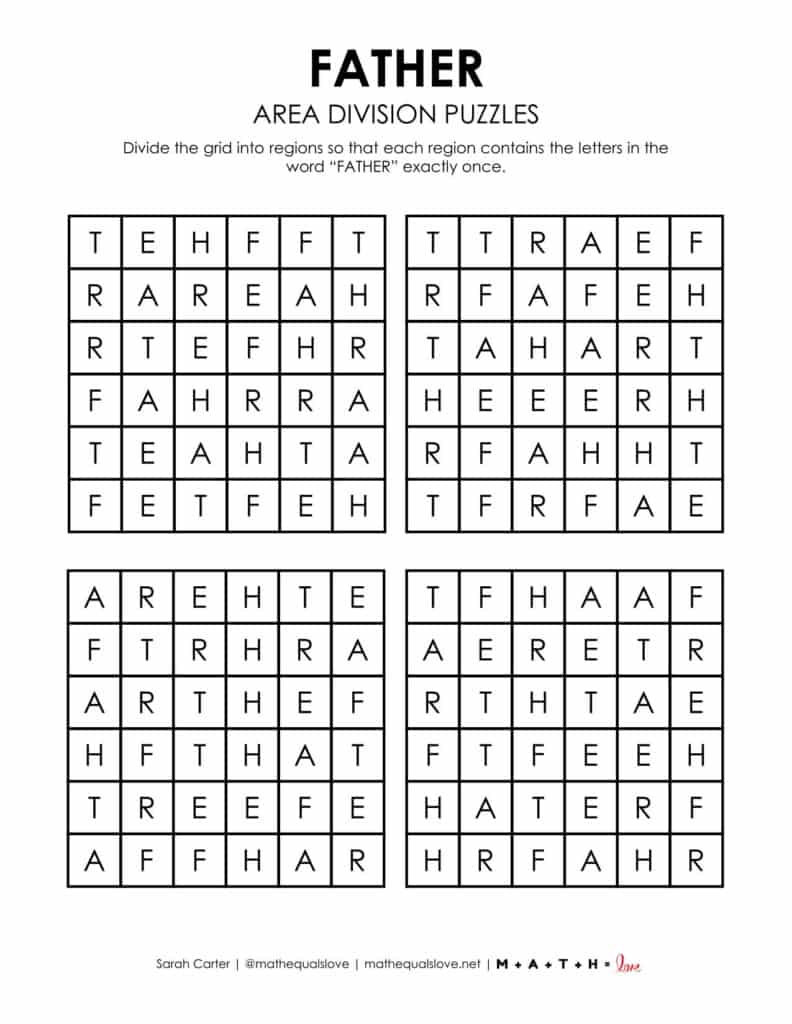 father's day area division logic puzzle. 