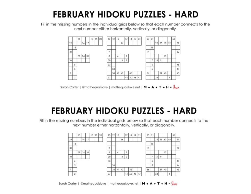 february hidoku logic puzzle level hard.