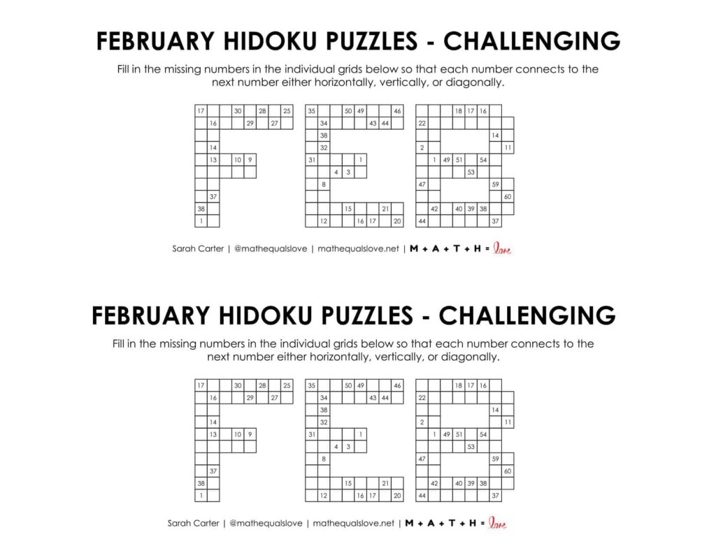 february hidoku logic puzzles level challenging.