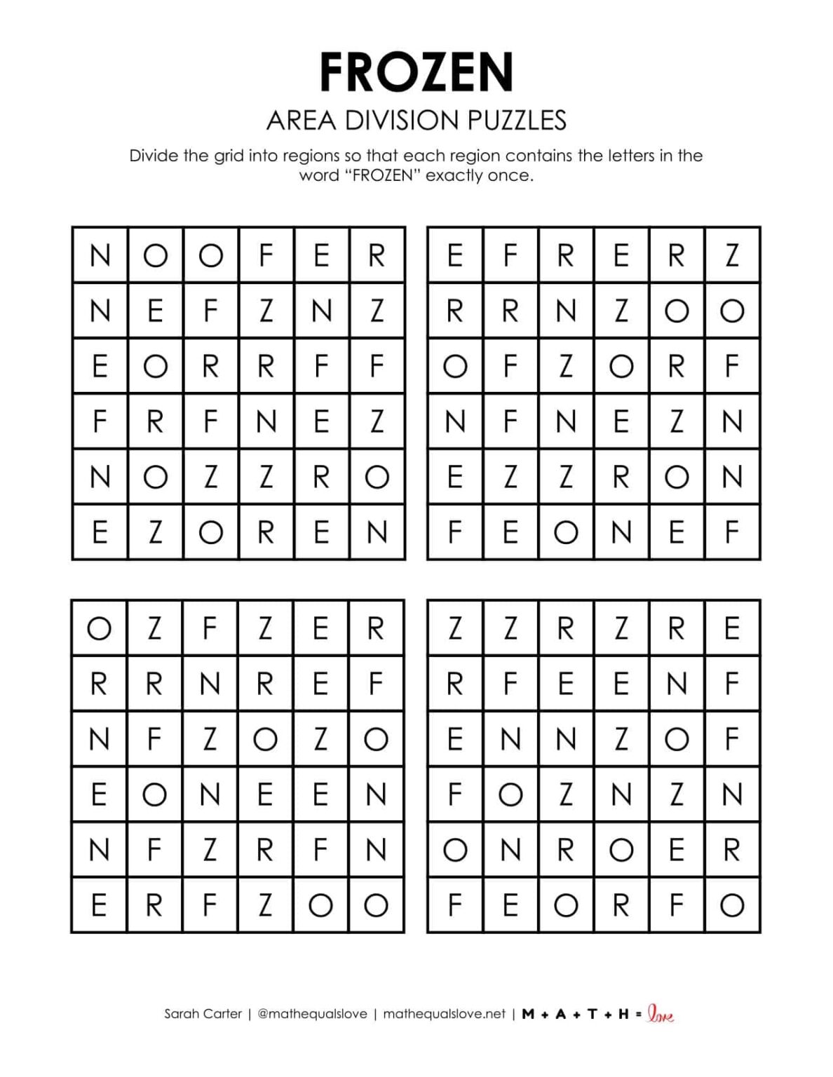 Frozen Area Division Logic Puzzles | Math = Love
