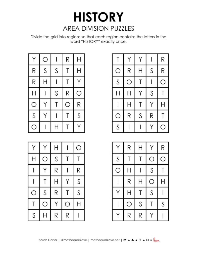 history logic puzzle printable area division.