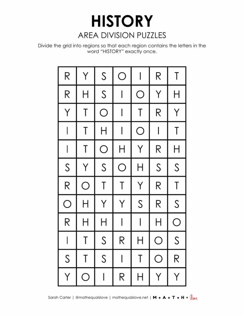 history logic puzzle printable area division.