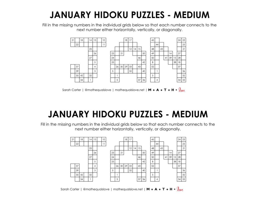 january hidoku logic puzzle level medium. 