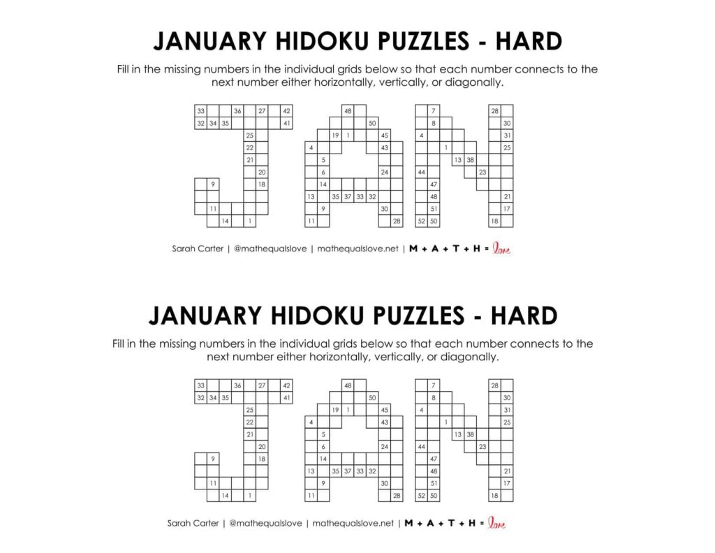 january hidoku logic puzzle level hard. 