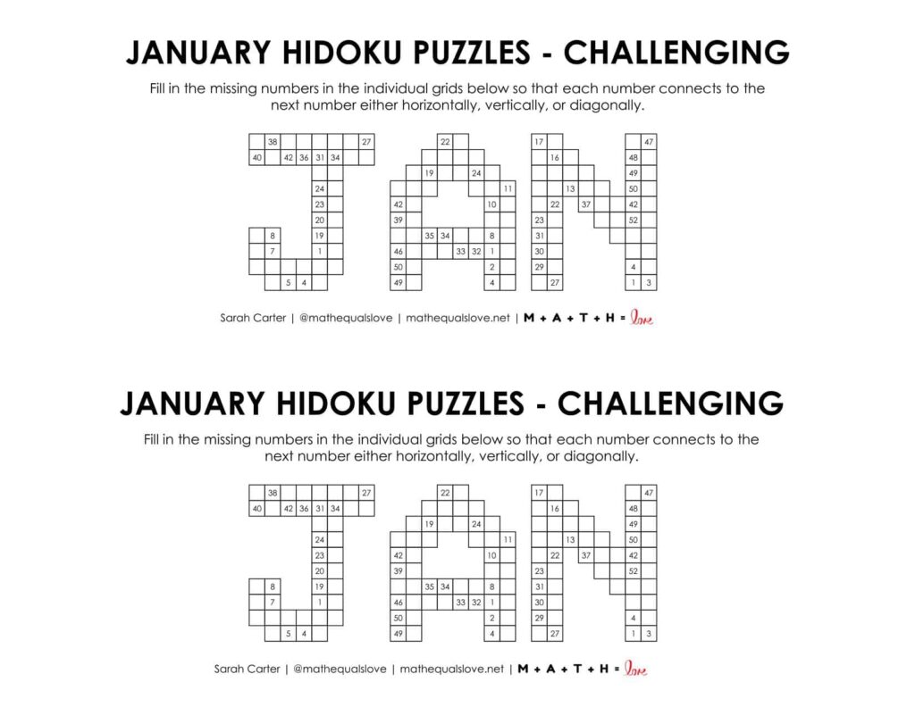 january hidoku logic puzzle level challenging. 