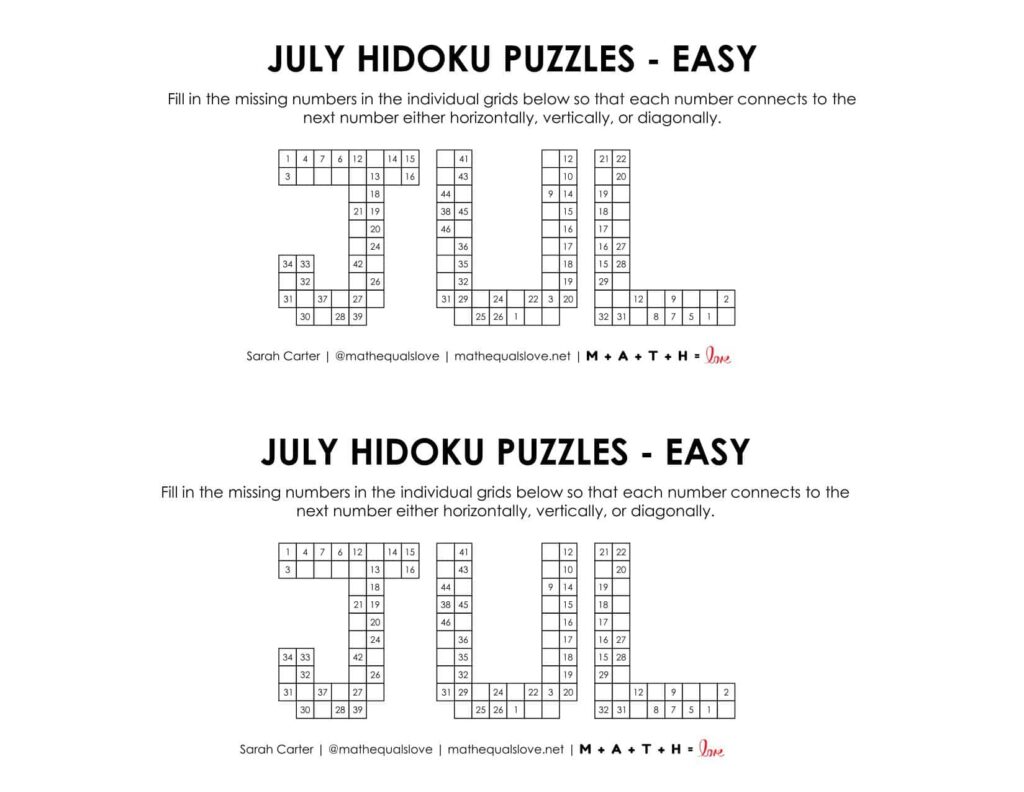 july hidoku logic puzzles level easy. 