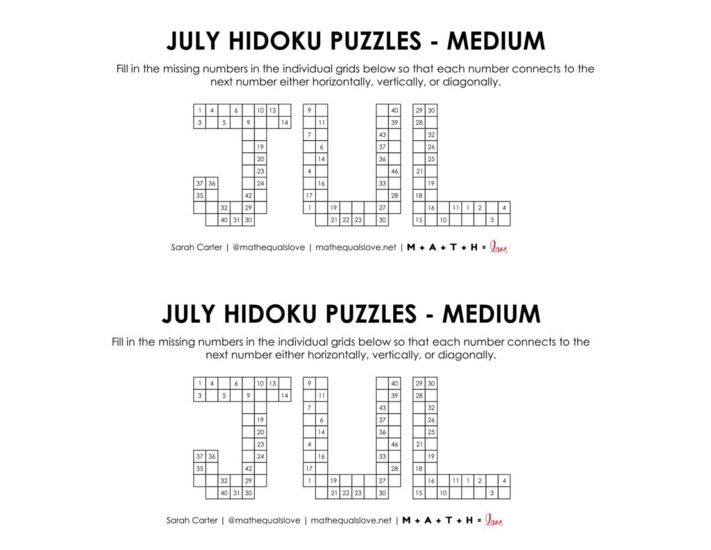 july hidoku logic puzzles level medium. 