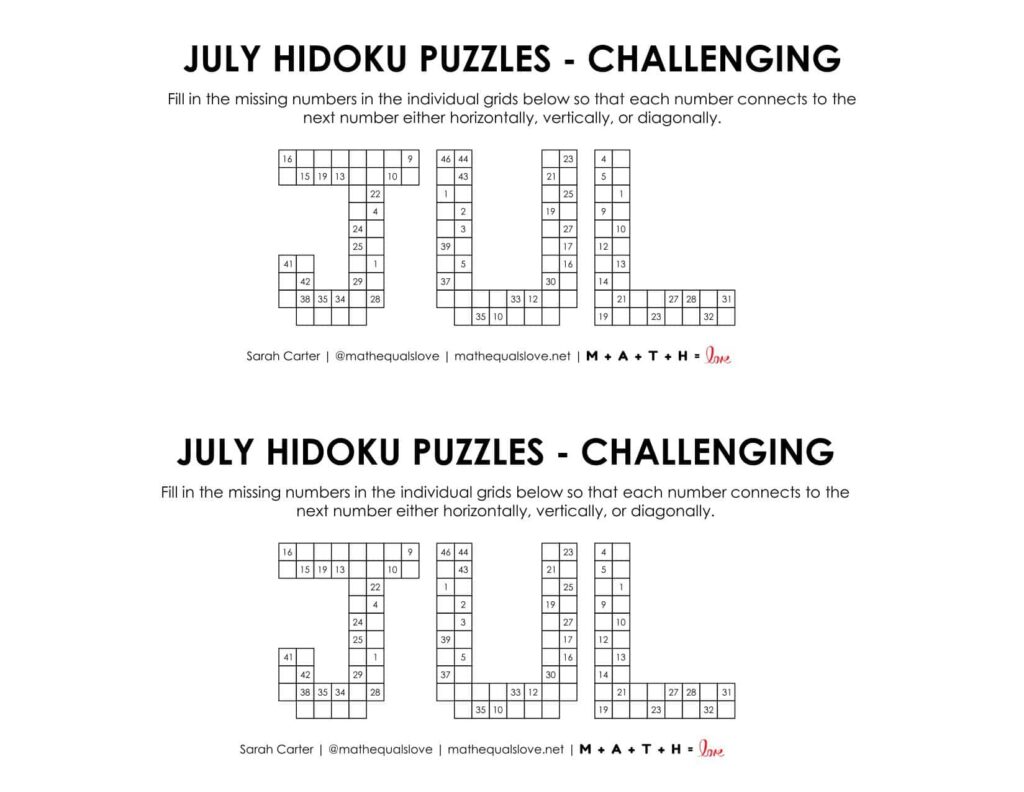 july hidoku logic puzzles level challenging. 